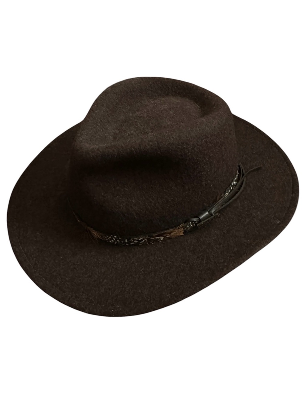 Lite Felt Packable Wool Hat Dark Brown Leather Feather Band Wide Brim Outdoor XL